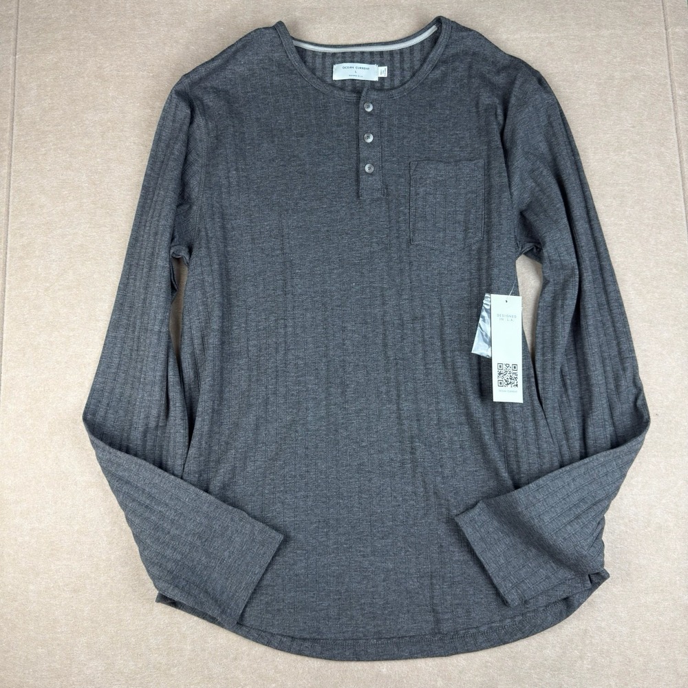 Ocean Current Mens L Gray Ribbed Henley Long‎ Sleeve Shirt Pocket Casual